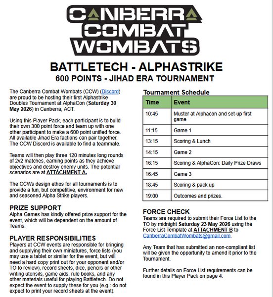 Saturday 30th May 2026 - Battletech Day Pass (AlphaStrike 2vs2 Tournament)